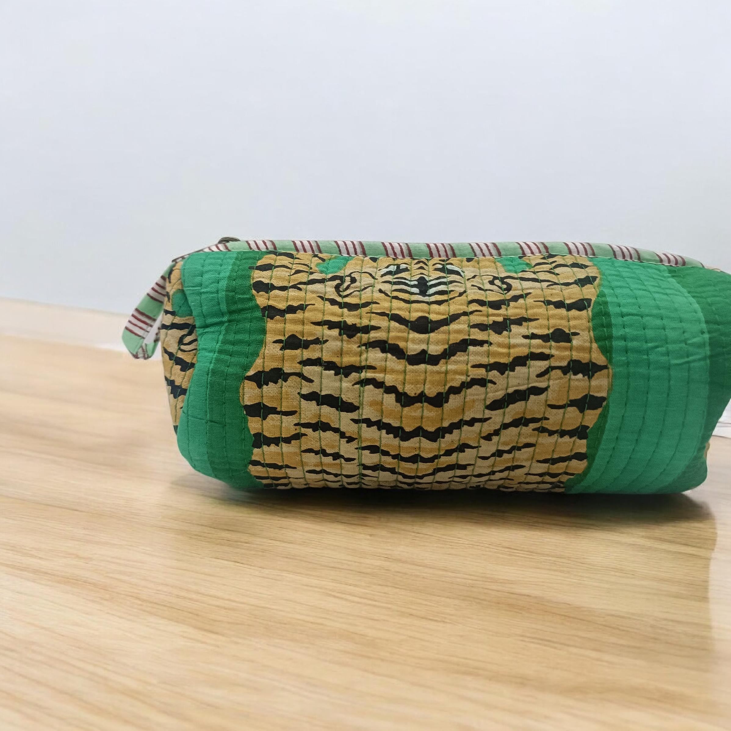 Handmade Quilted Tiger Print Cosmetic Pouch | Green Fabric Zipper Makeup & Toiletry Bag | Quilted Pouch | Green Cosmetic Bag | Gift For Her