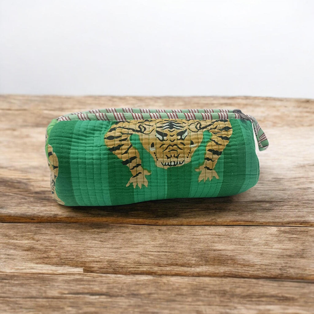 Handmade Quilted Tiger Print Cosmetic Pouch | Green Fabric Zipper Makeup & Toiletry Bag | Quilted Pouch | Green Cosmetic Bag | Gift For Her