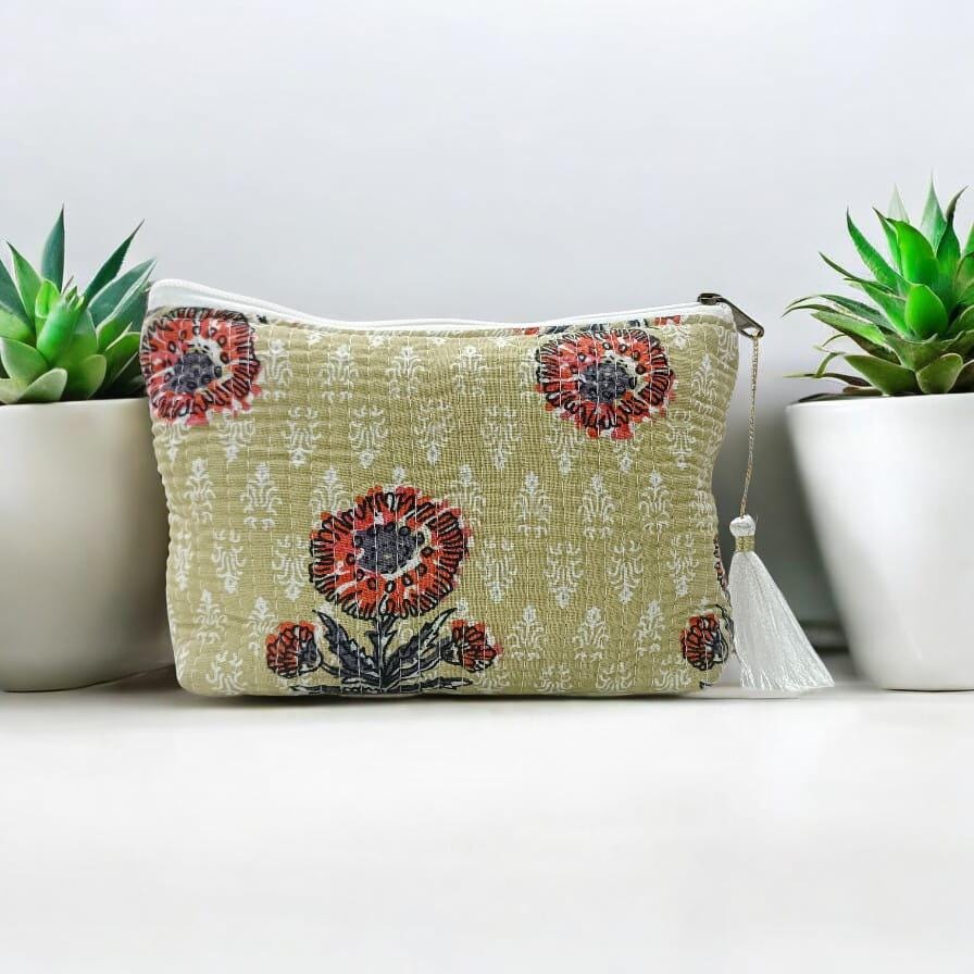 Cotton Floral Quilted Pouch | Handmade Zipper Bag with Tassel | Cosmetic Bag | Travel Makeup Pouch | Gift for Her | Indian Small Bags