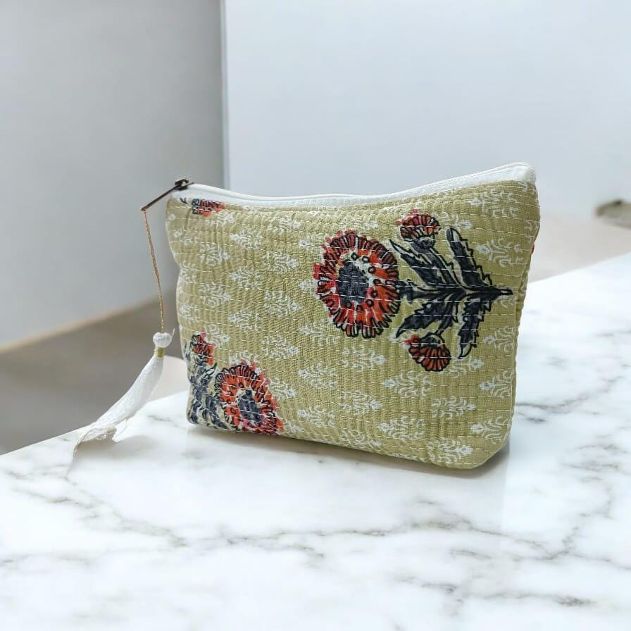 Cotton Floral Quilted Pouch | Handmade Zipper Bag with Tassel | Cosmetic Bag | Travel Makeup Pouch | Gift for Her | Indian Small Bags