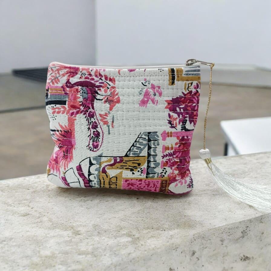 Hand-Stitched Floral Clutch – Quilted Zipper Pouch Gift for Her | Handmade Gift | Quilted Pouch With Tassel | Gift For Ideas