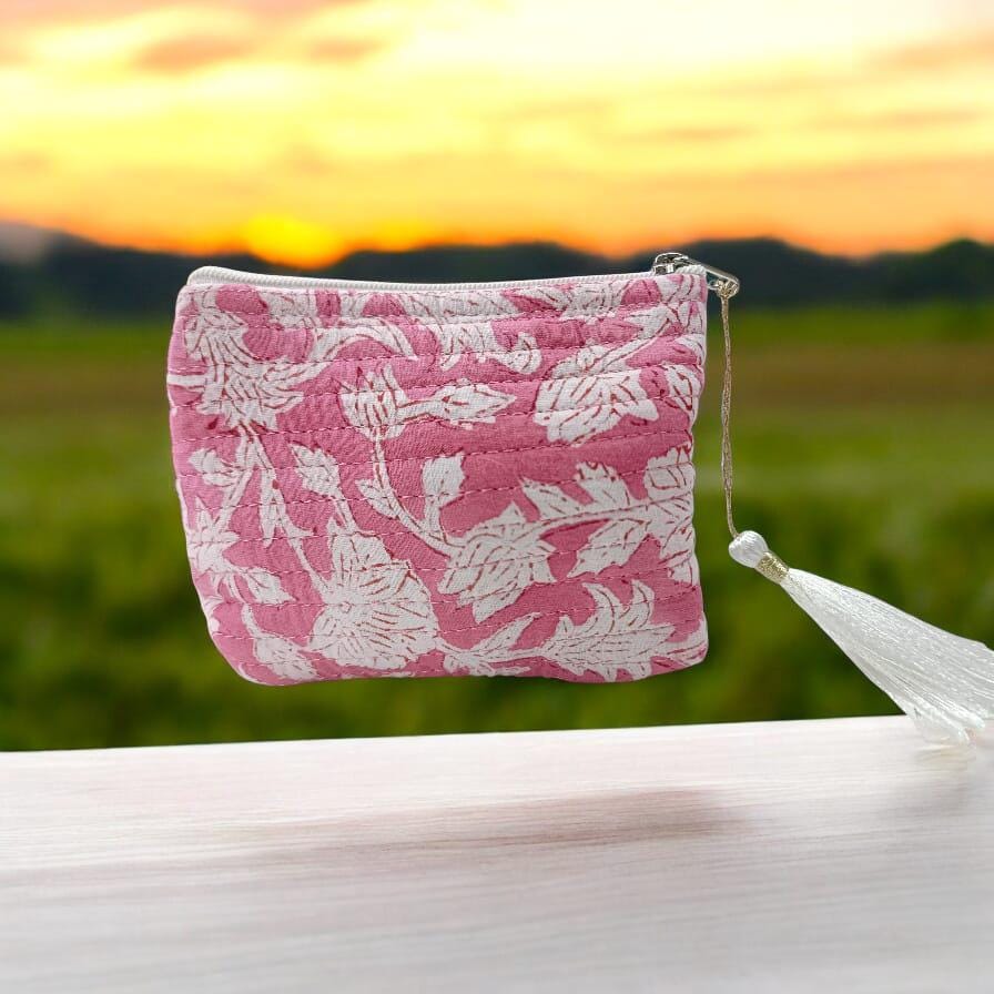 Personalized Mini Quilted Pouch | Pink Floral Block Print | Small Zipper Bag with Tassel | Fabric Pouch | Block Print Accessory Bag