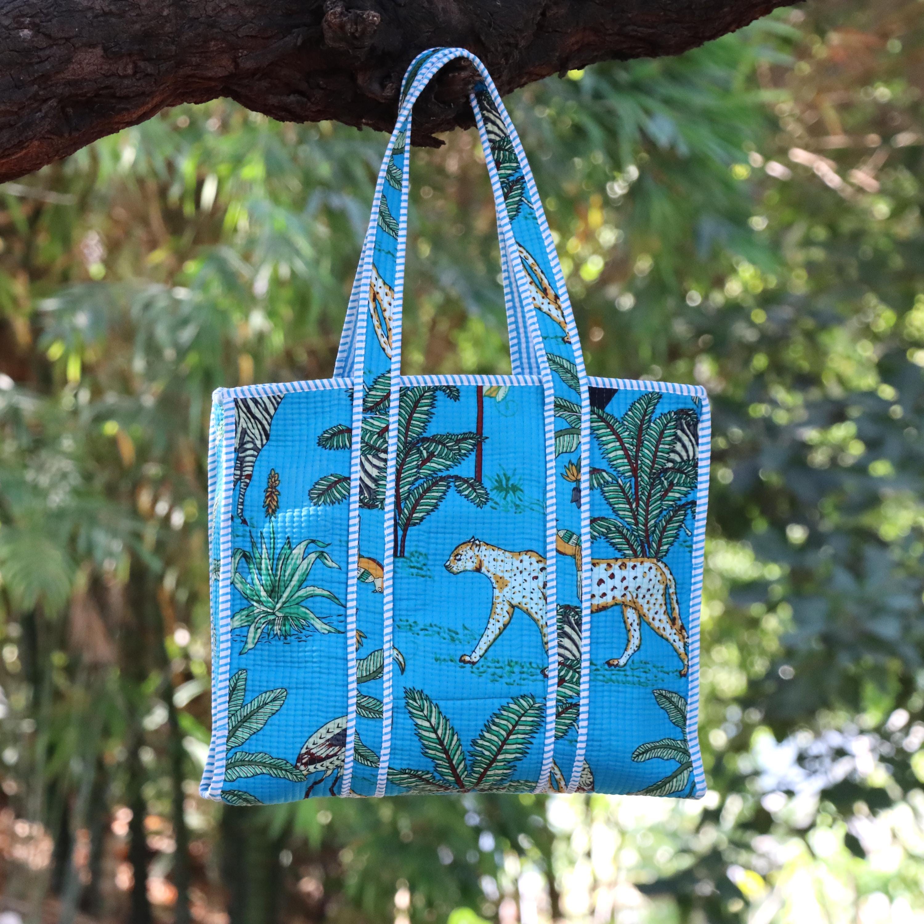 Blue Jungle Print Tote Bag, Handmade Cotton Tote, Animal Print Bag, Eco Friendly Shopping Bag, Beach Tote, Reusable Grocery Bag Gift for Her