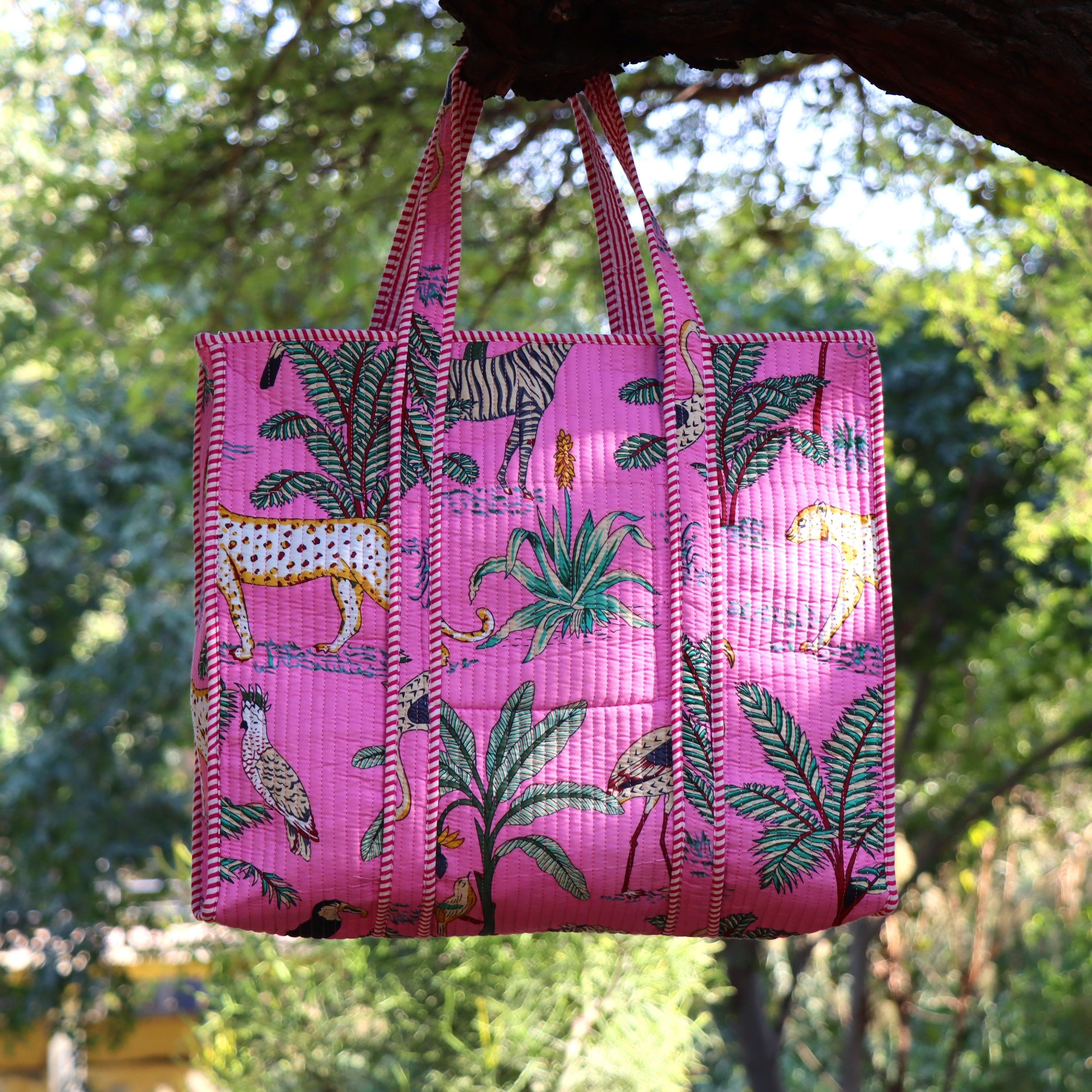 Pink Jungle Safari Print Bags, Handmade Quilted Tote Bag, Cotton Quilted Tote Bag, Indian Bags Shopping Bags, Beach Bag, Shoulder Bags Gifts