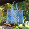 Blue Floral Hand Block Print Cotton Tote Bag, Reusable Boho Shoulder Bag