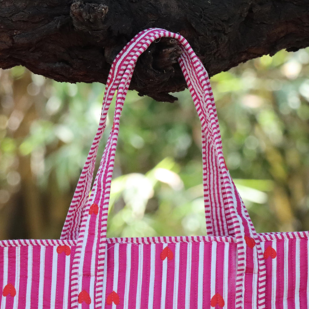 Pink Striped Heart Tote Bag, Quilted Cotton Shoulder Bag, Handmade Boho Carryall, Cute Everyday Shopping Tote, Gift for Her