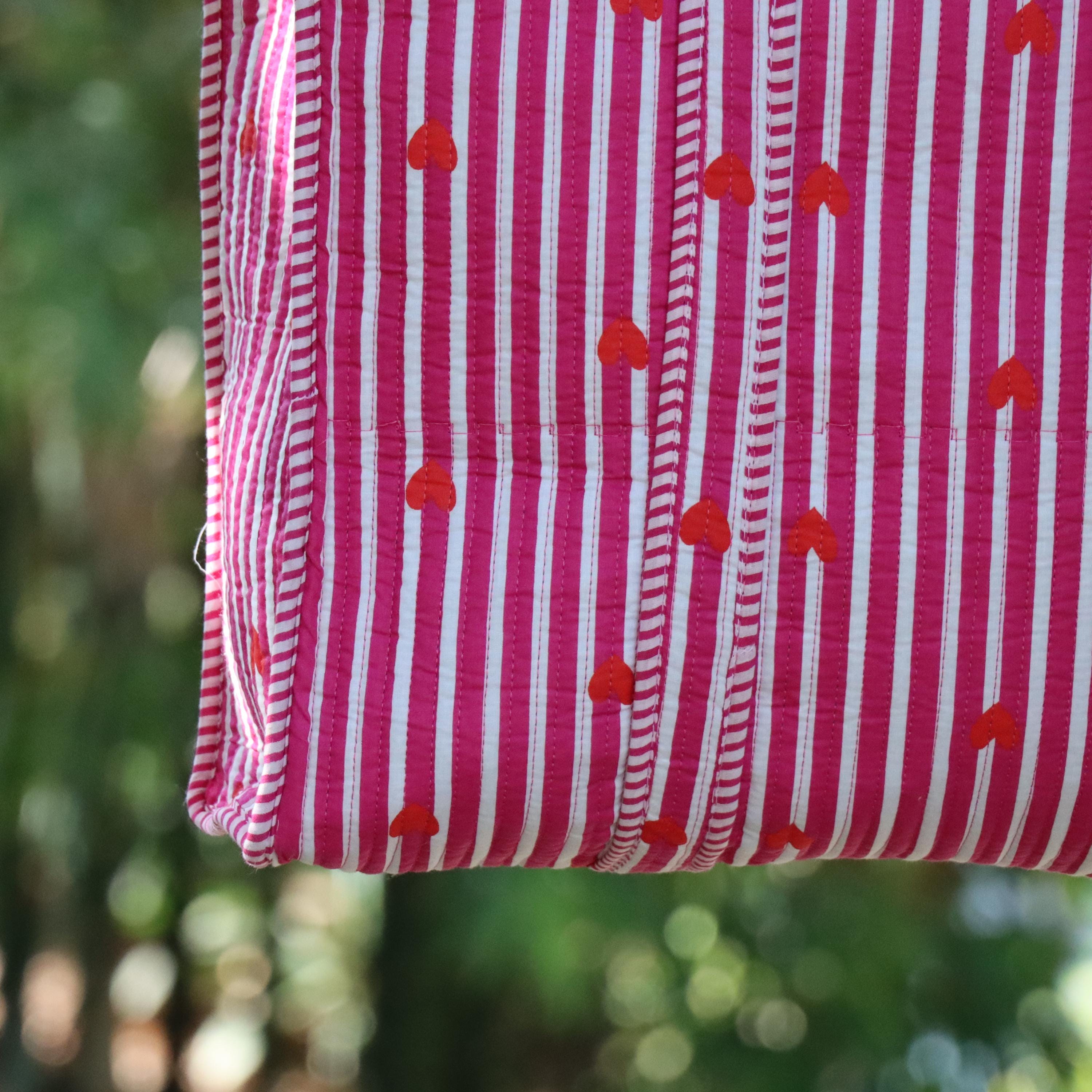 Pink Striped Heart Tote Bag, Quilted Cotton Shoulder Bag, Handmade Boho Carryall, Cute Everyday Shopping Tote, Gift for Her