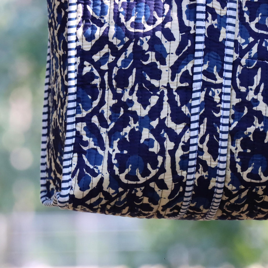 Handmade Quilted Indigo Tote Bag, Blue Block Print Cotton Bag, Boho Shoulder Tote, Reusable Everyday Market Bag, Artisan Handbag Gift