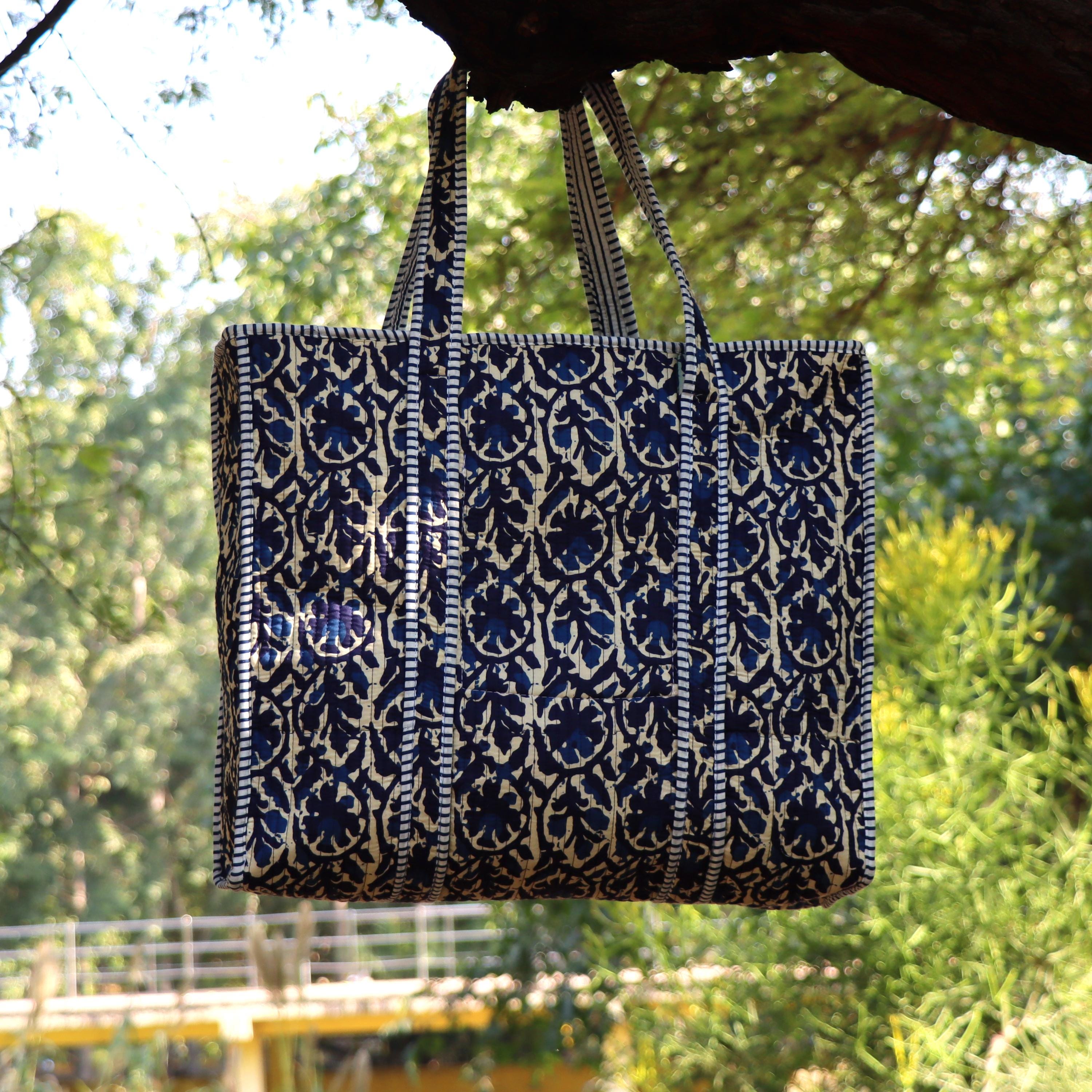 Handmade Quilted Indigo Tote Bag, Blue Block Print Cotton Bag, Boho Shoulder Tote, Reusable Everyday Market Bag, Artisan Handbag Gift