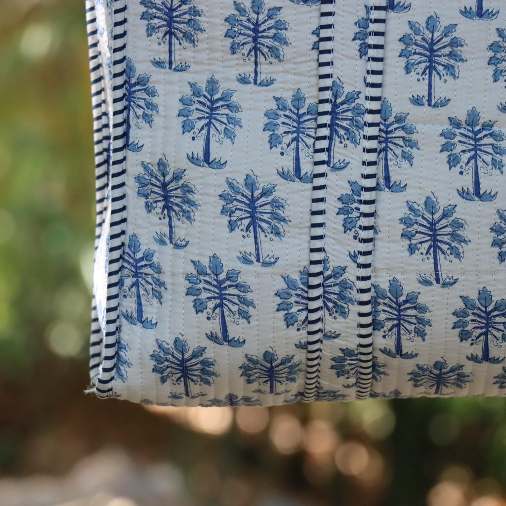 Handmade Quilted Cotton Tote Bag, Blue Block Print Shoulder Bag, Large Travel Beach Bag, Boho Shopping Bag, Reusable Eco Tote Gift for Her
