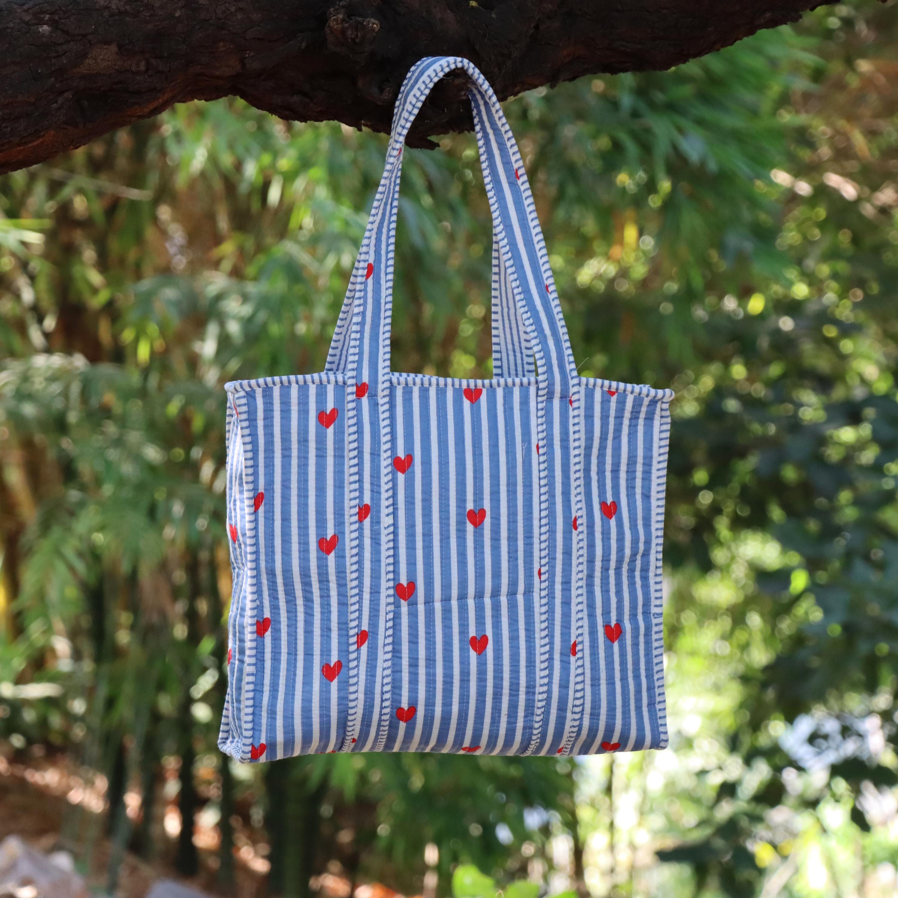Handmade Quilted Tote Bag, Blue and White Stripe with Red Hearts