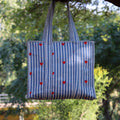 Handmade Quilted Tote Bag, Blue and White Stripe with Red Hearts
