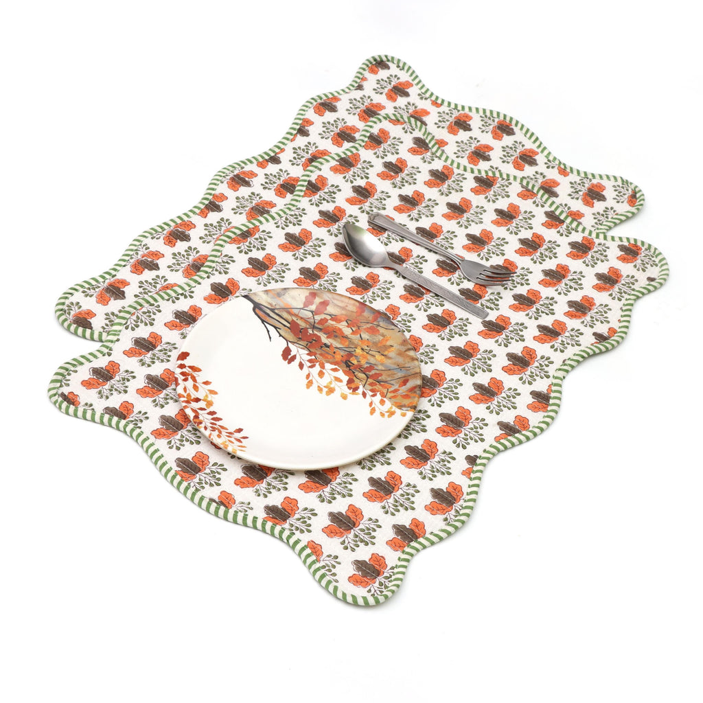 Table Mat Scalloped Handmade Quilted Placemat, Orange & Green Floral Block Print Table Mat, Cotton Placemat, Dining Table Quilted Placemats
