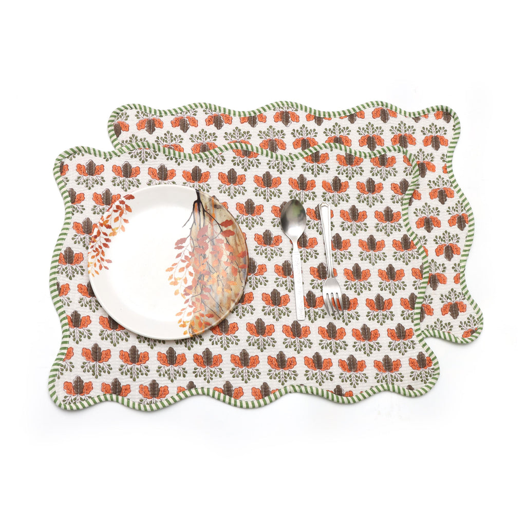 Table Mat Scalloped Handmade Quilted Placemat, Orange & Green Floral Block Print Table Mat, Cotton Placemat, Dining Table Quilted Placemats