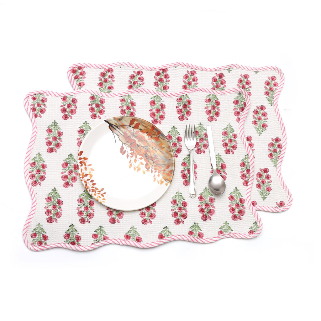 Pink Floral Block Print Table Mats, Handmade Quilted Scalloped Placemats, Reversible Cotton Dining Placemats Kitchen & Table Decor Placemats