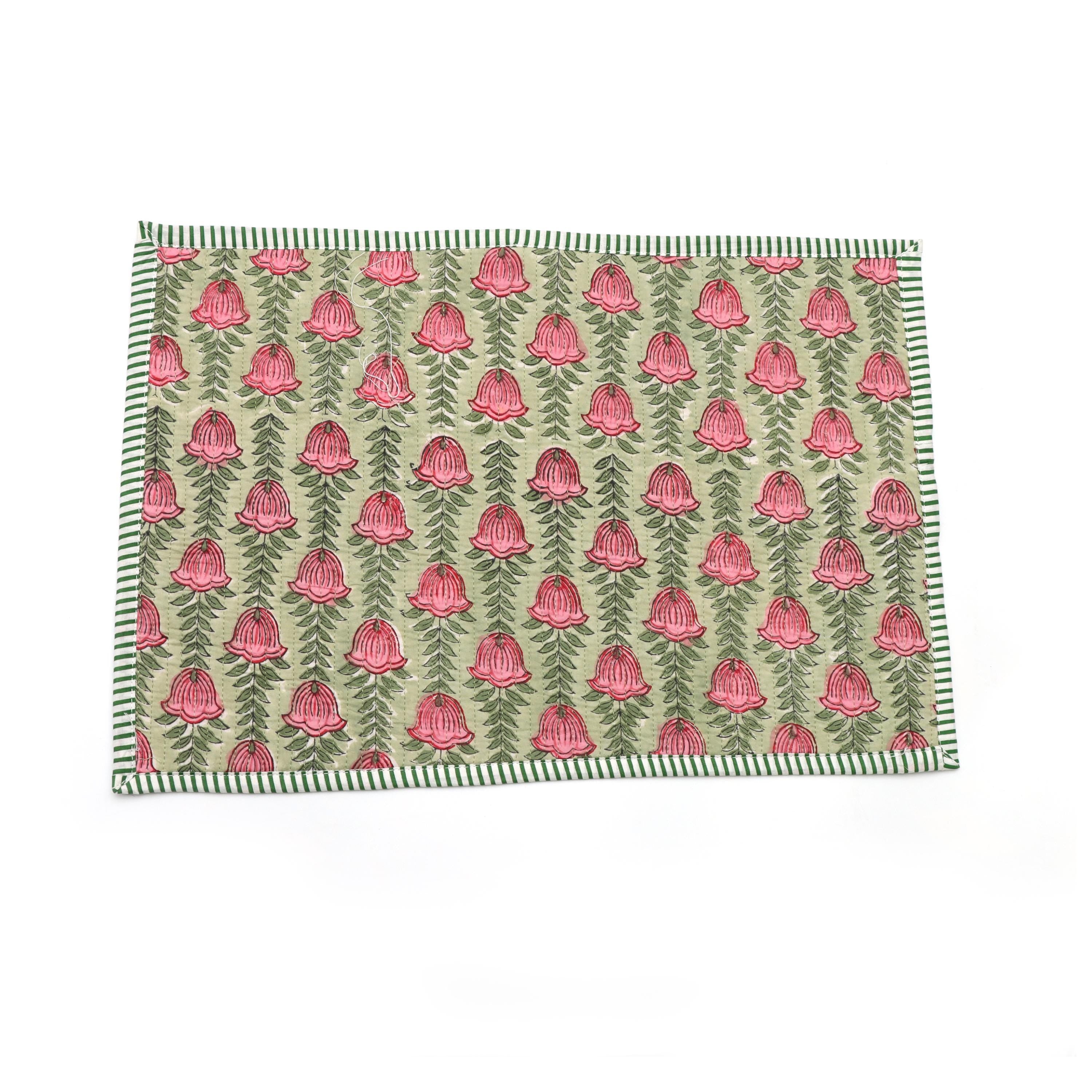 Green & Pink Rose Block Print Table Mats, Handmade Floral Cotton Placemats, Table Decor Placemat, Indian Style Table Linen, Cotton Placemat