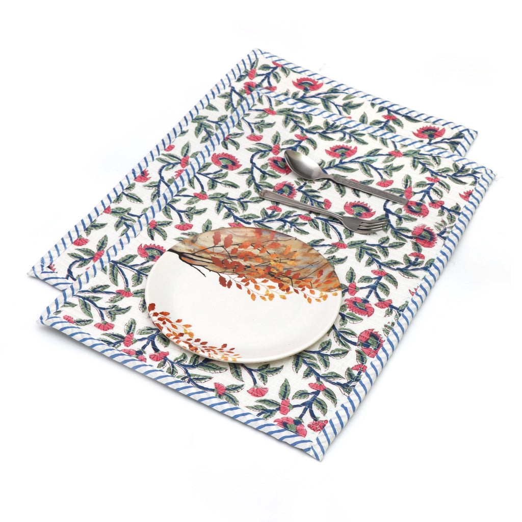 Floral Block Print Placemats Set, Hand Block Printed Cotton Table Mats, Blue Stripe Border, Pink Botanical Dining Decor, Handmade Placement