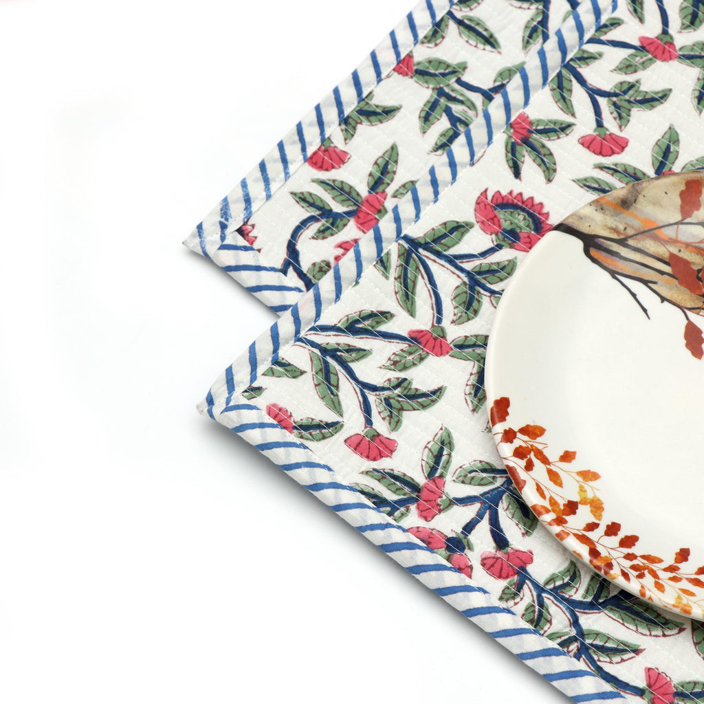 Floral Block Print Placemats Set, Hand Block Printed Cotton Table Mats, Blue Stripe Border, Pink Botanical Dining Decor, Handmade Placement