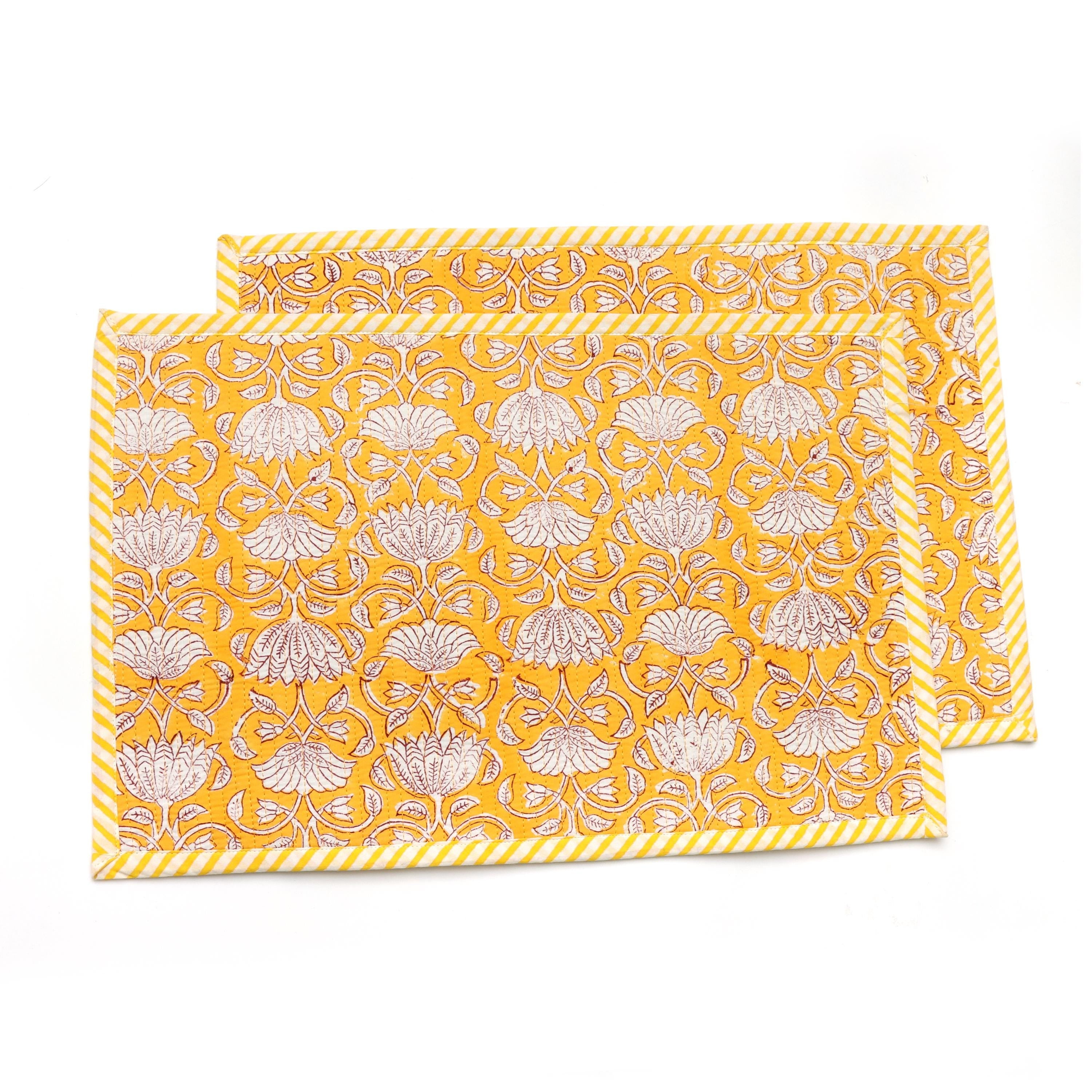 Yellow Floral Block Print Placemats Set, Hand Block Printed Cotton Table Mats, Mustard Yellow Dining Table Decor Placemat,Handmade Placement