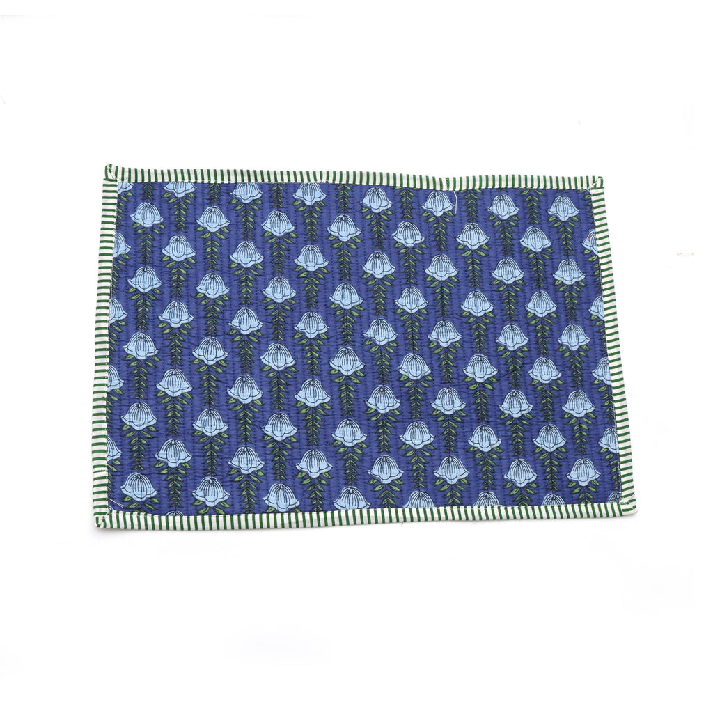 Blue Block Print Placemats Set, Cotton Floral Table Mats with Green Stripe Border, Christmas Gifts