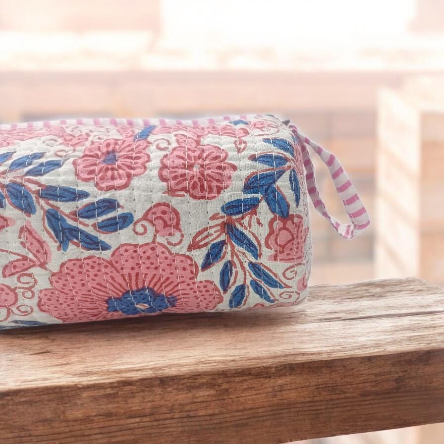 Quilted Floral Makeup Bag, Handmade Cotton Zip Pouch, Block Print Cosmetic Bag, Toiletry Pouch, Travel Makeup Organizer, Christmas Gifts