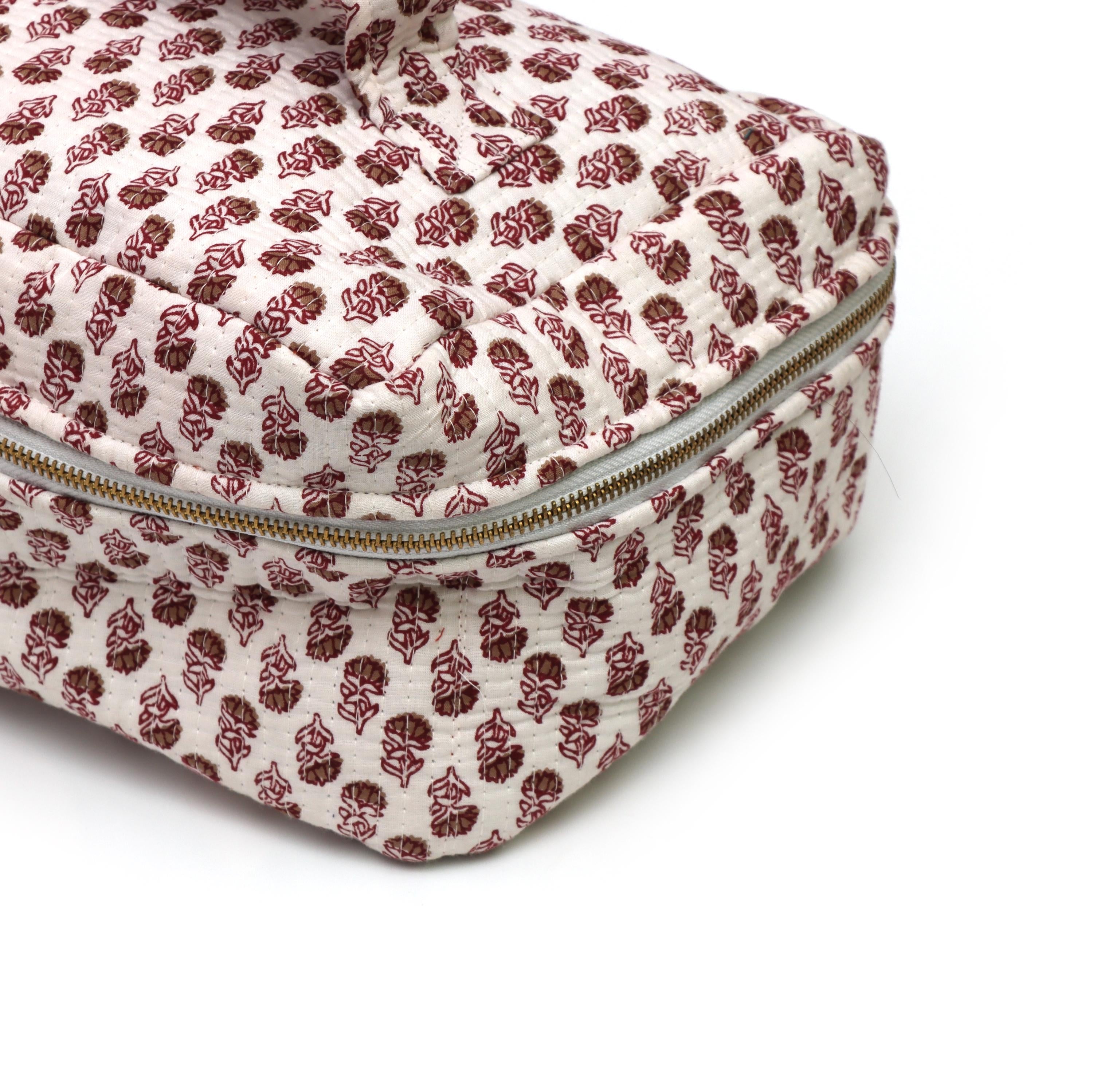 Kantha Quilted Makeup Bag | Cotton Block Print Vanity Case with Zip & Handle | Block Print Zipper Bag | Floral Toiletry Bag | Christmas Gift