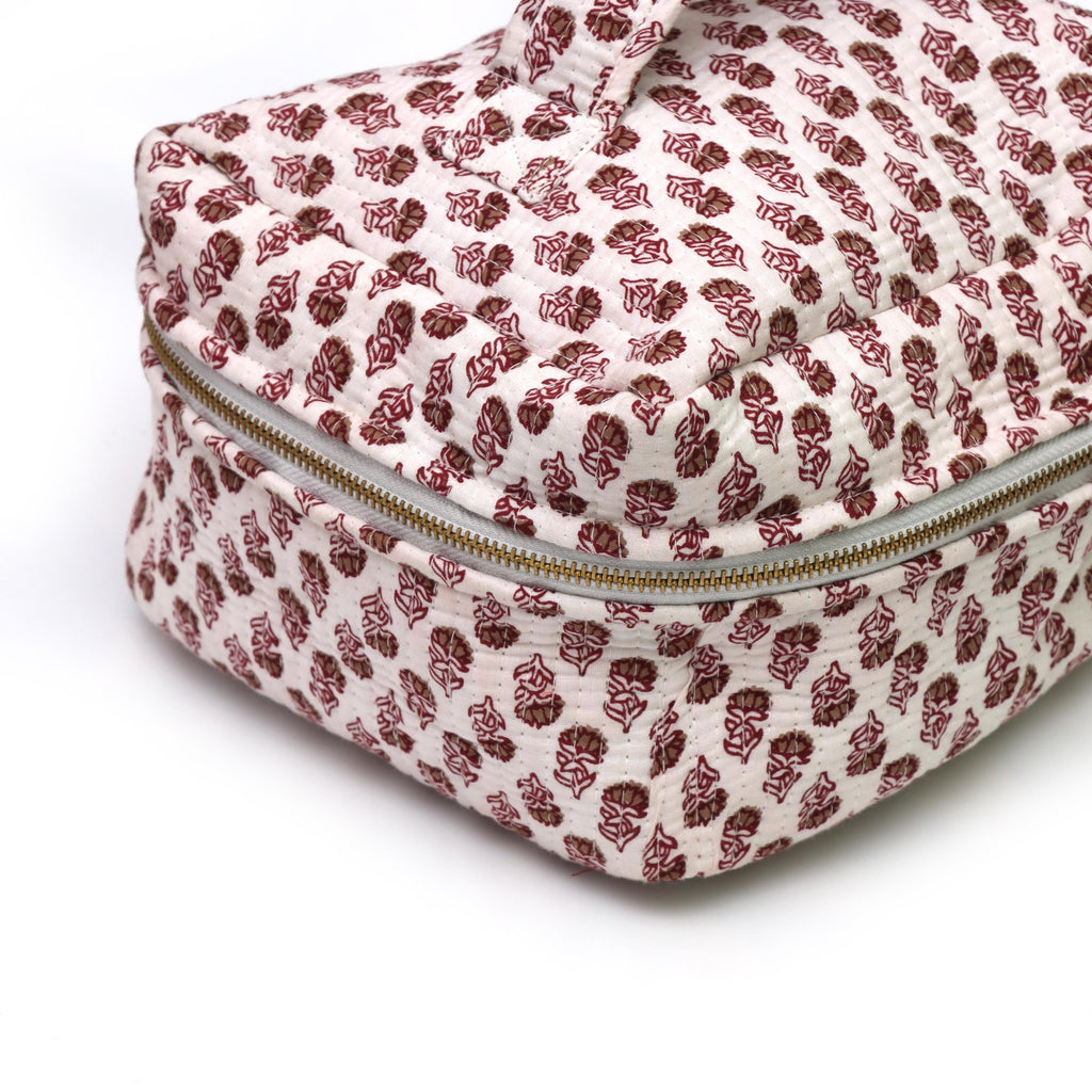 Kantha Quilted Makeup Bag | Cotton Block Print Vanity Case with Zip & Handle | Block Print Zipper Bag | Floral Toiletry Bag | Christmas Gift