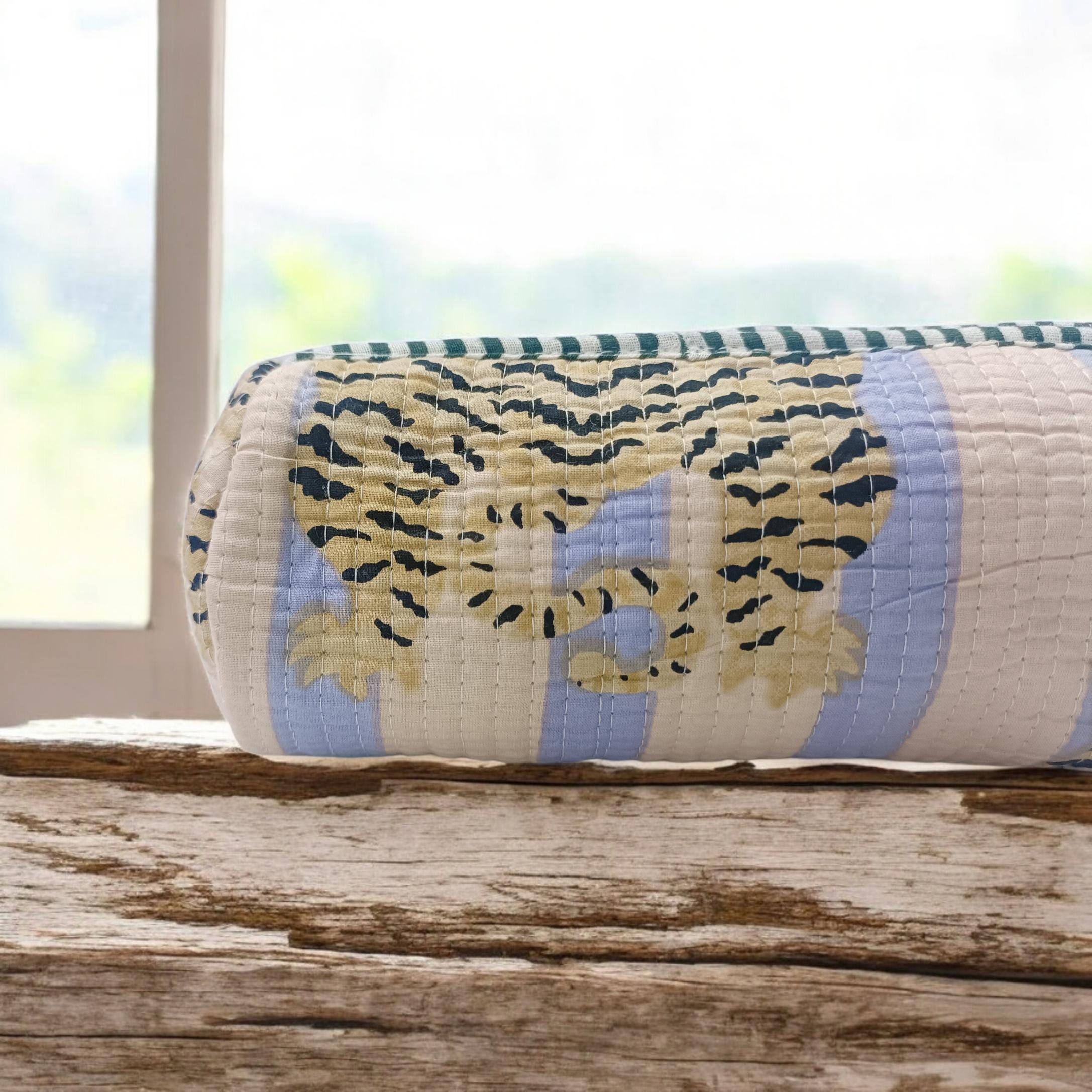Quilted Patchwork Fabric Pouch, Striped & Tiger Print Zipper Case, Quilted Floral Bag, Handmade Cotton Zip Pouch, Toiletry Pouch, Gifts Her