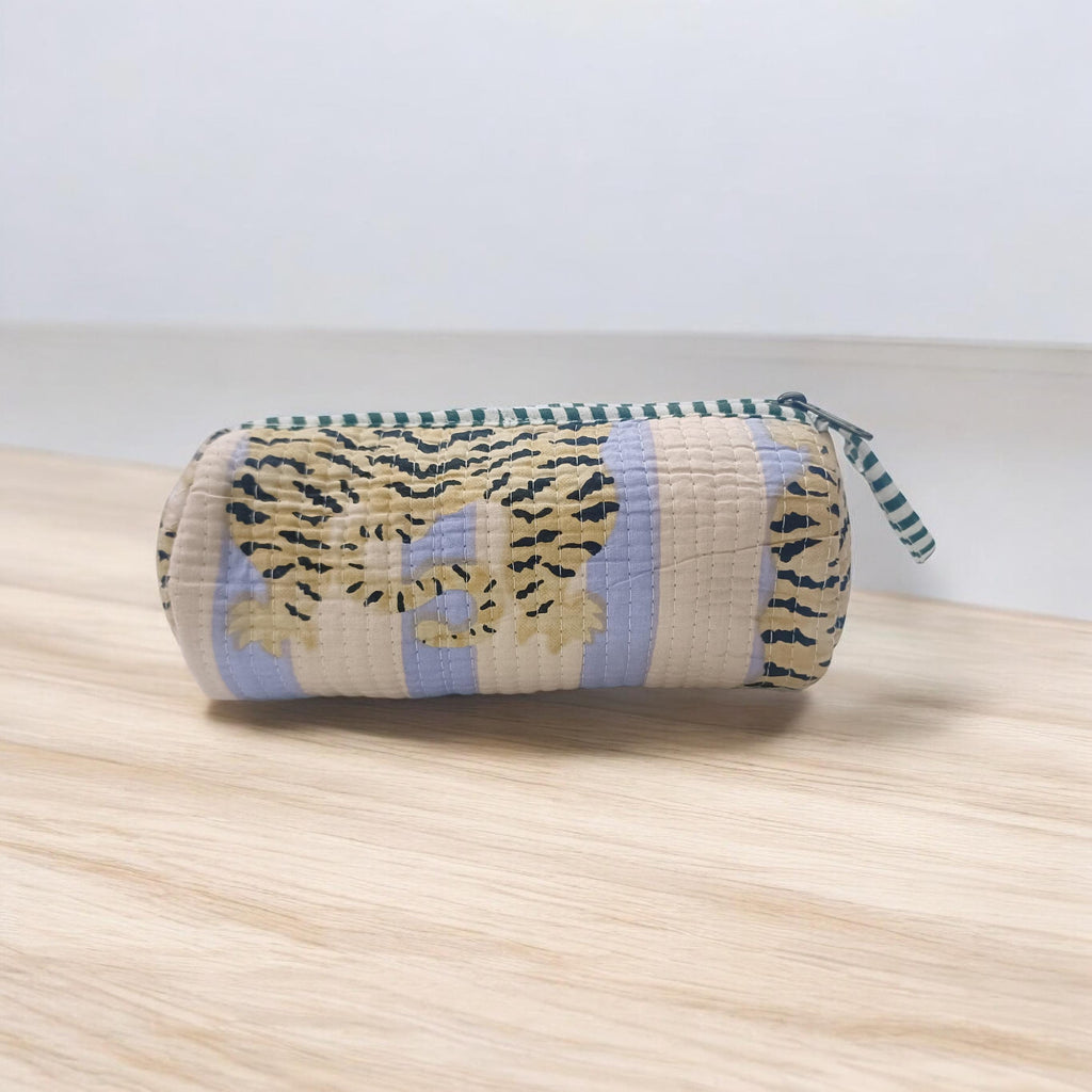 Quilted Patchwork Fabric Pouch, Striped & Tiger Print Zipper Case, Quilted Floral Bag, Handmade Cotton Zip Pouch, Toiletry Pouch, Gifts Her