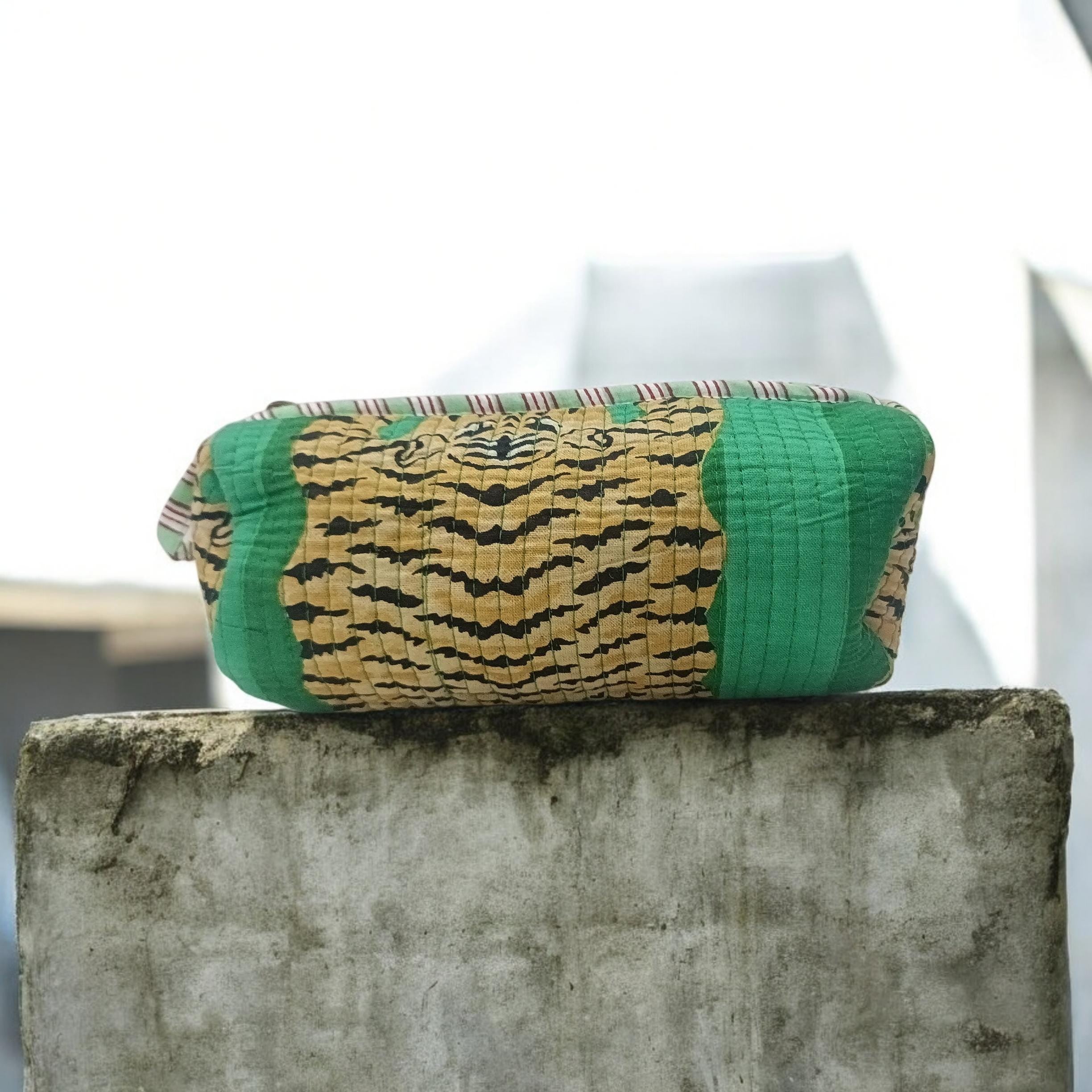 Handmade Quilted Tiger Print Cosmetic Pouch | Green Fabric Zipper Makeup & Toiletry Bag | Quilted Pouch | Green Cosmetic Bag | Gift For Her