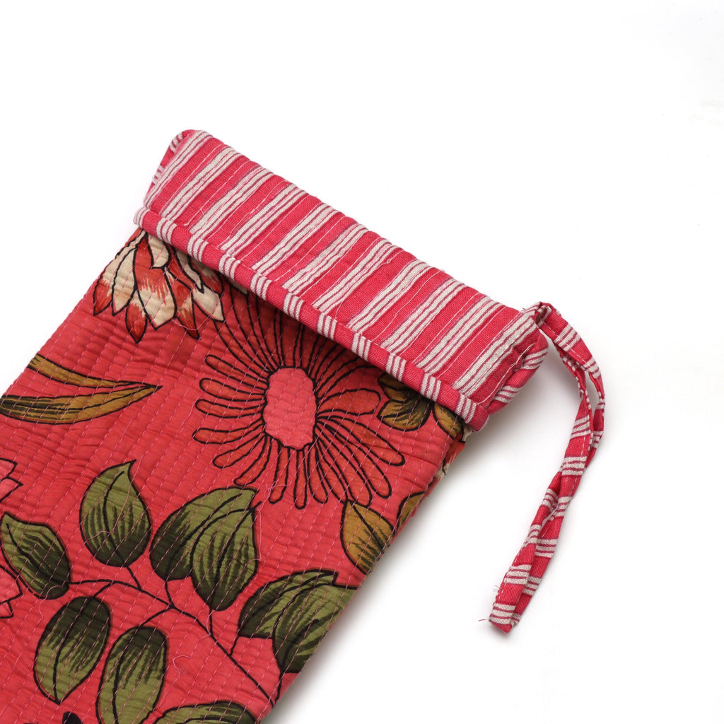 Handmade Quilted Christmas Stocking, Floral Cotton Kantha Stocking, Reversible Holiday Stocking, Rustic Boho Xmas Decor, Gift Stocking