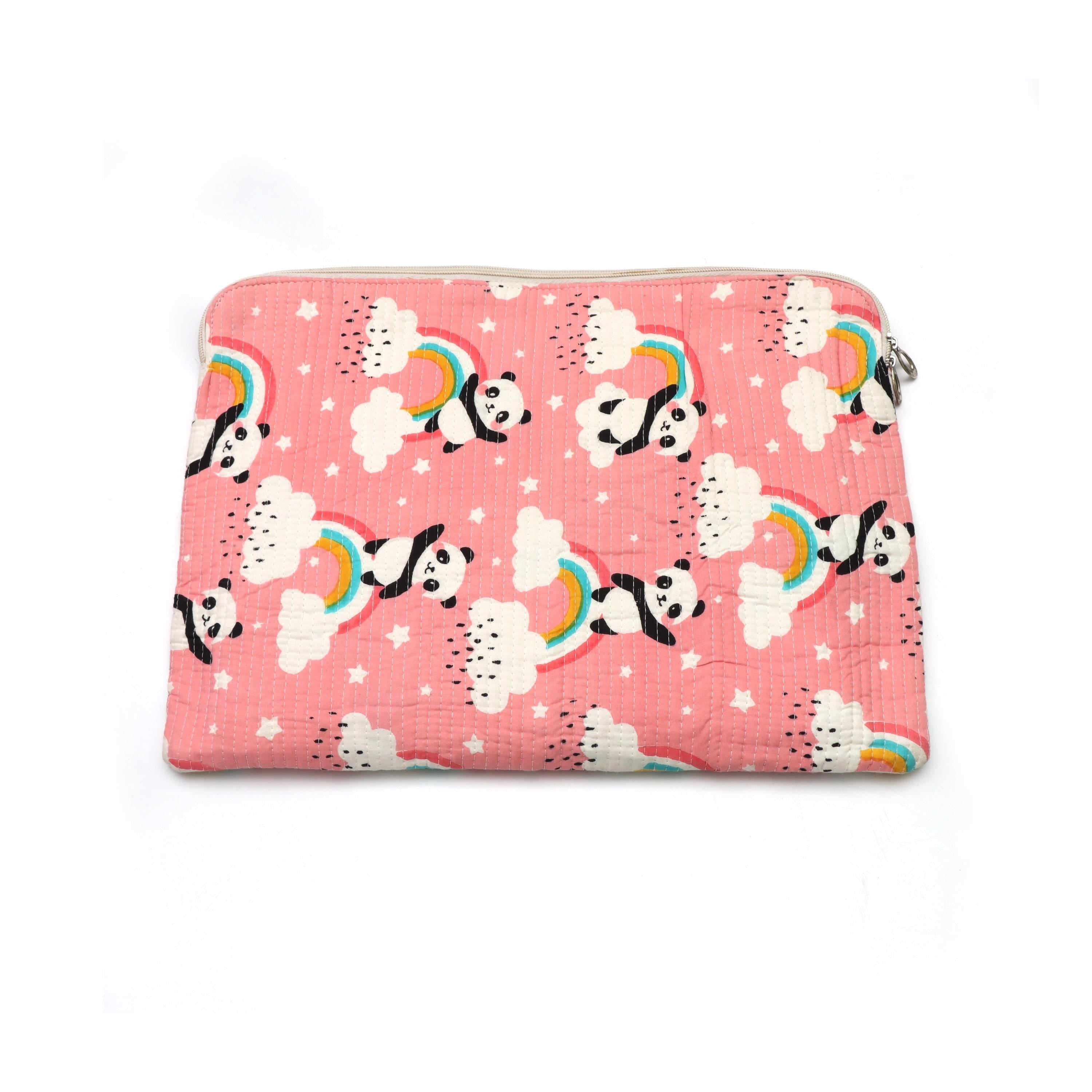 Quilted Laptop Sleeve, Cute Panda Laptop Bag, Cotton Padded Laptop Case, Rainbow Print Laptop Cover, Handmade Laptop Sleeve, Macbook Sleeve