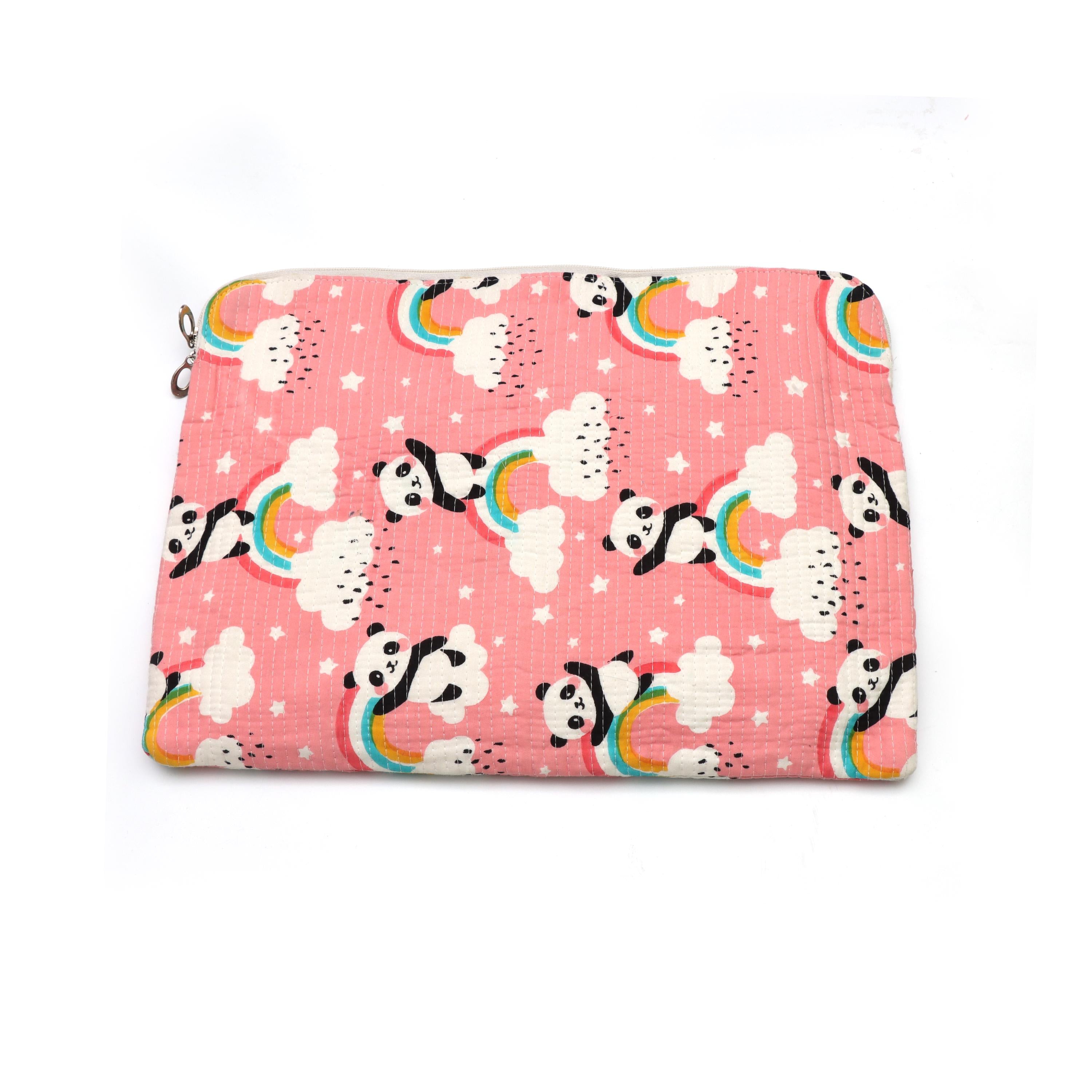 Quilted Laptop Sleeve, Cute Panda Laptop Bag, Cotton Padded Laptop Case, Rainbow Print Laptop Cover, Handmade Laptop Sleeve, Macbook Sleeve