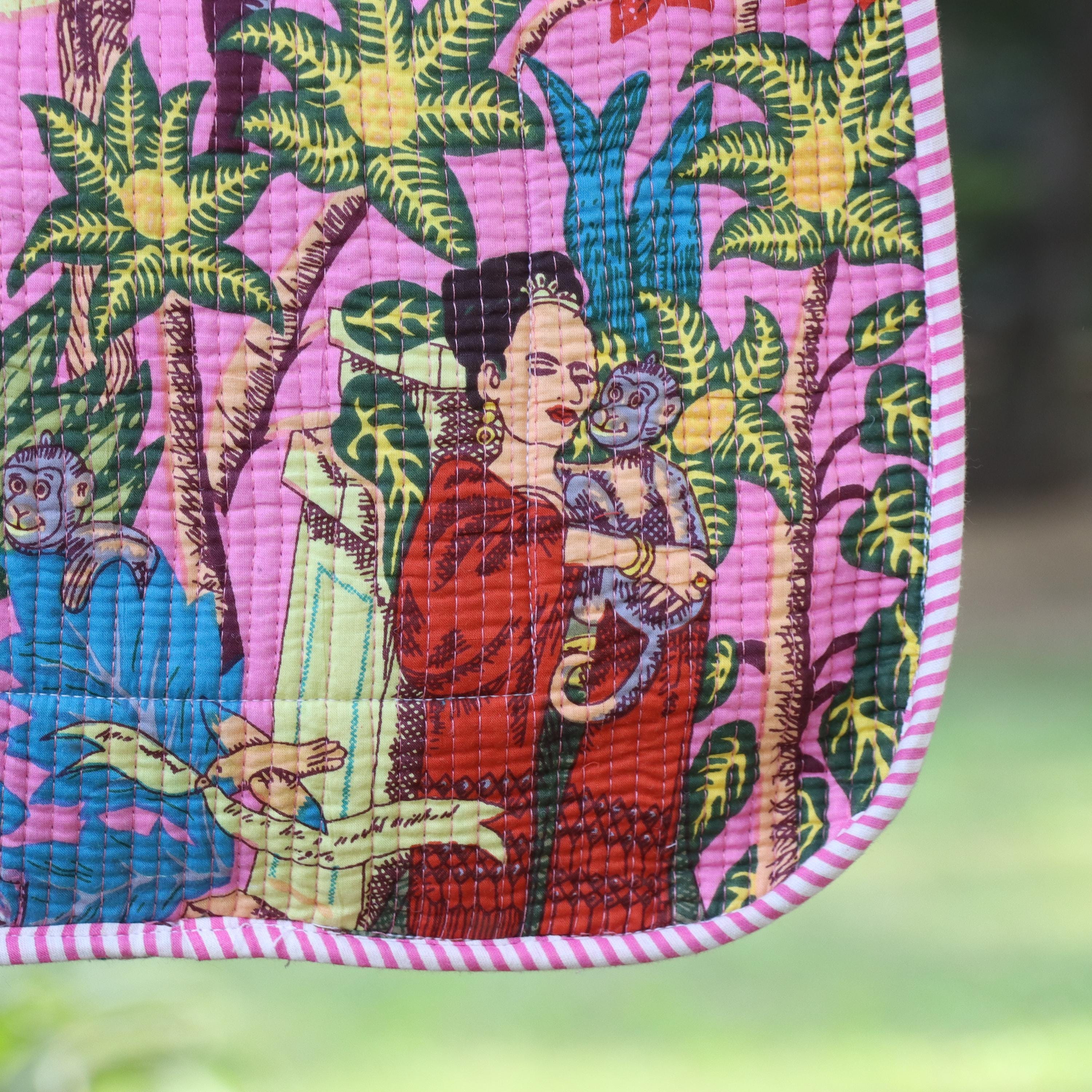Handmade Quilted Crossbody Bag, Pink Cotton Sling Purse, Folk Art Print Shoulder Bag, Lightweight Boho Everyday Bag, Adjustable Strap