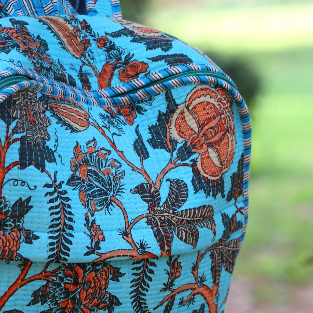 Handmade Quilted Backpack, Blue Floral Cotton Backpack, Lightweight Fabric Daypack, Boho Travel School Bag, Travel Backpack, Gift For Bag