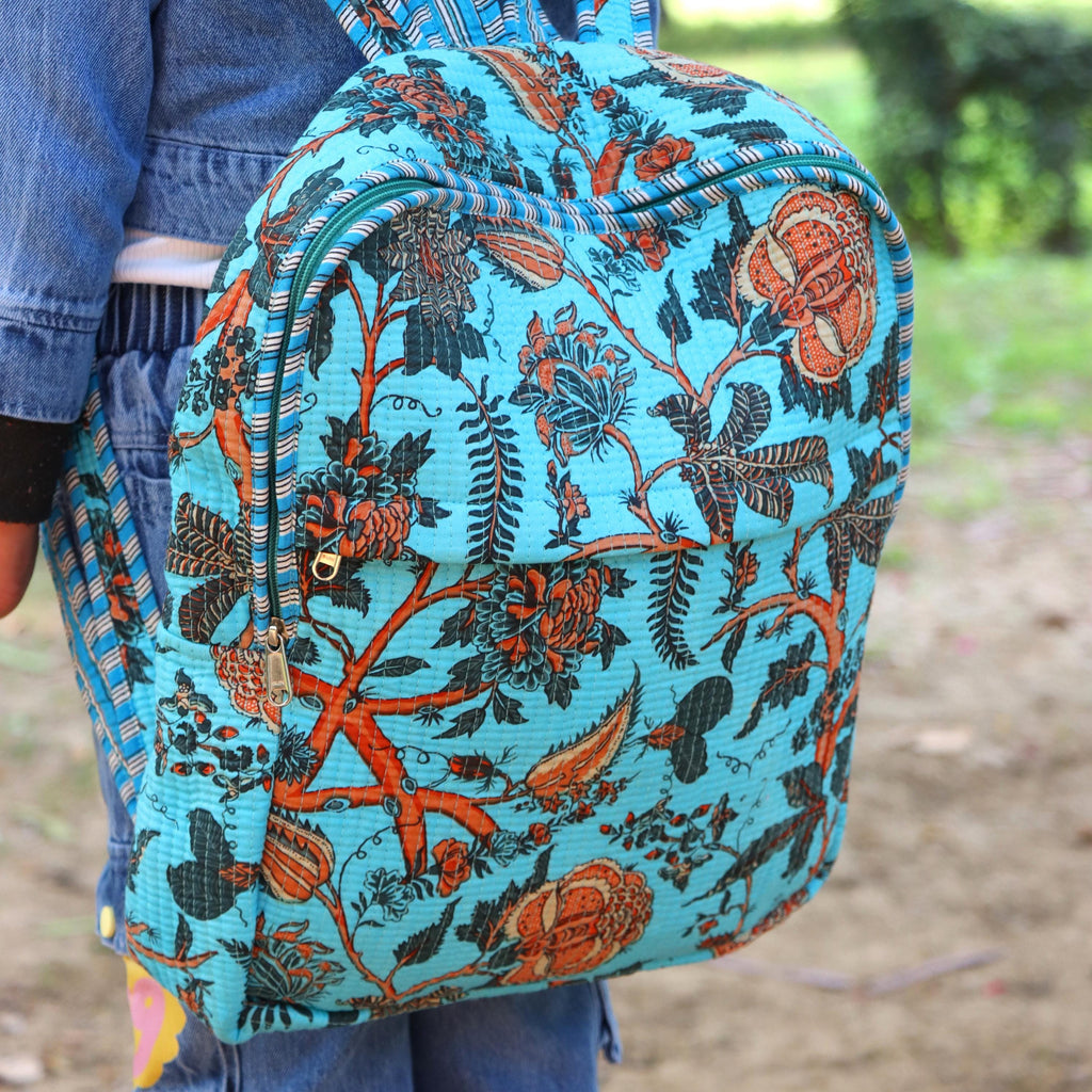 Handmade Quilted Backpack, Blue Floral Cotton Backpack, Lightweight Fabric Daypack, Boho Travel School Bag, Travel Backpack, Gift For Bag