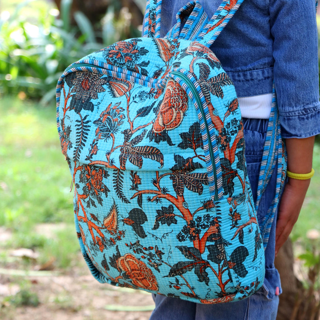 Handmade Quilted Backpack, Blue Floral Cotton Backpack, Lightweight Fabric Daypack, Boho Travel School Bag, Travel Backpack, Gift For Bag