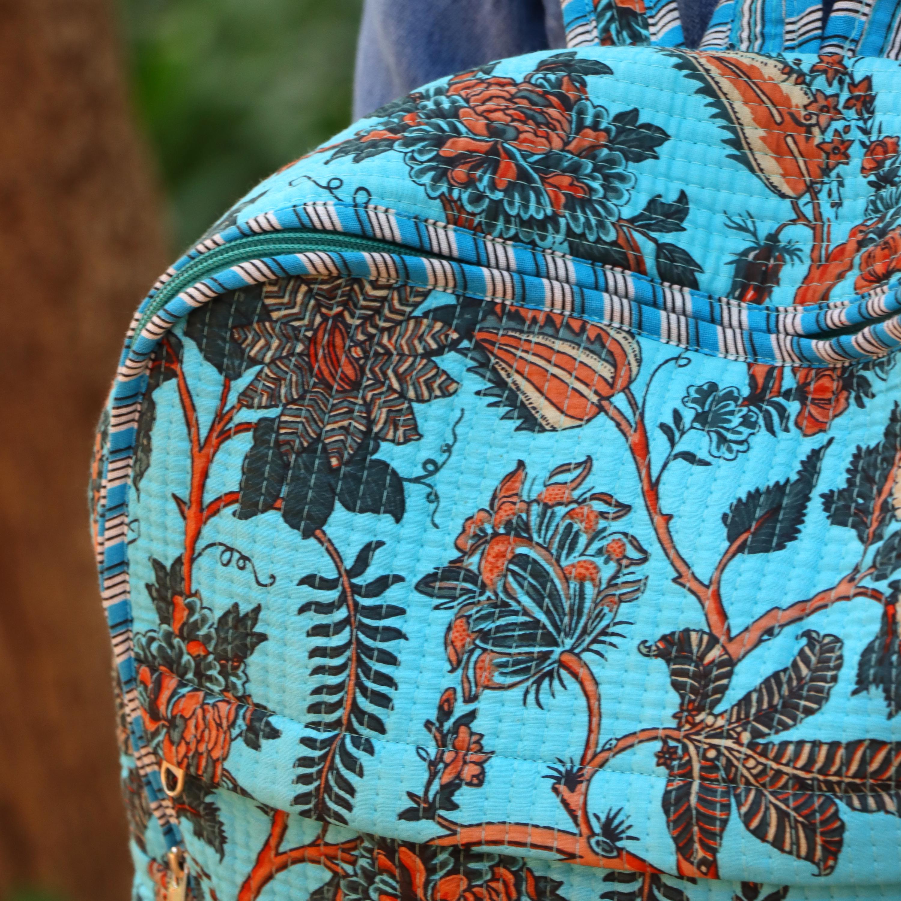 Handmade Quilted Backpack, Blue Floral Cotton Backpack, Lightweight Fabric Daypack, Boho Travel School Bag, Travel Backpack, Gift For Bag