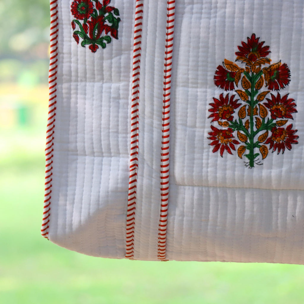 White Floral Cotton Tote Bag, Handmade Quilted Shoulder Bag, Block Print Tote Bag, Eco Friendly Reusable Shopping Bag, Everyday Gift for Her