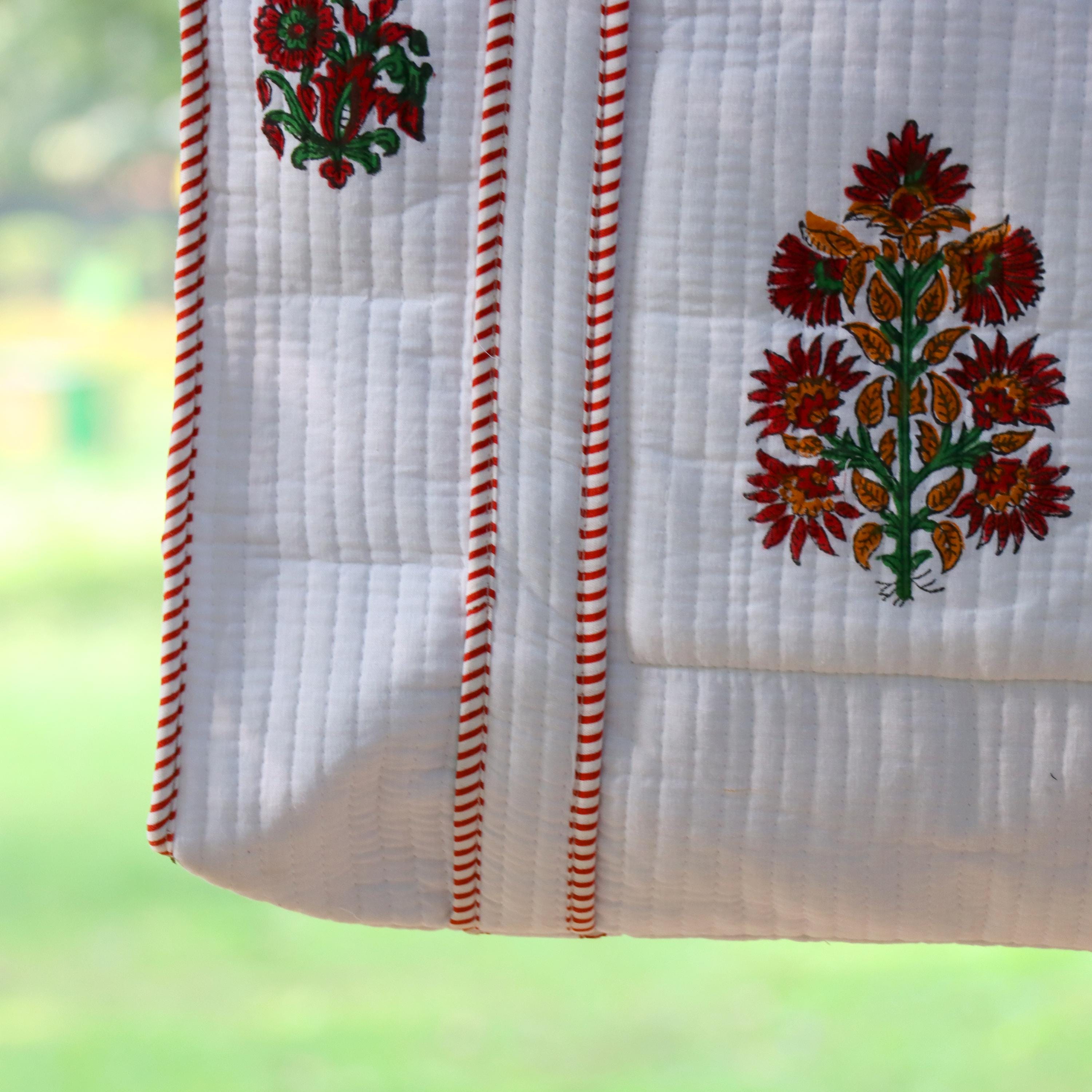 White Floral Cotton Tote Bag, Handmade Quilted Shoulder Bag, Block Print Tote Bag, Eco Friendly Reusable Shopping Bag, Everyday Gift for Her