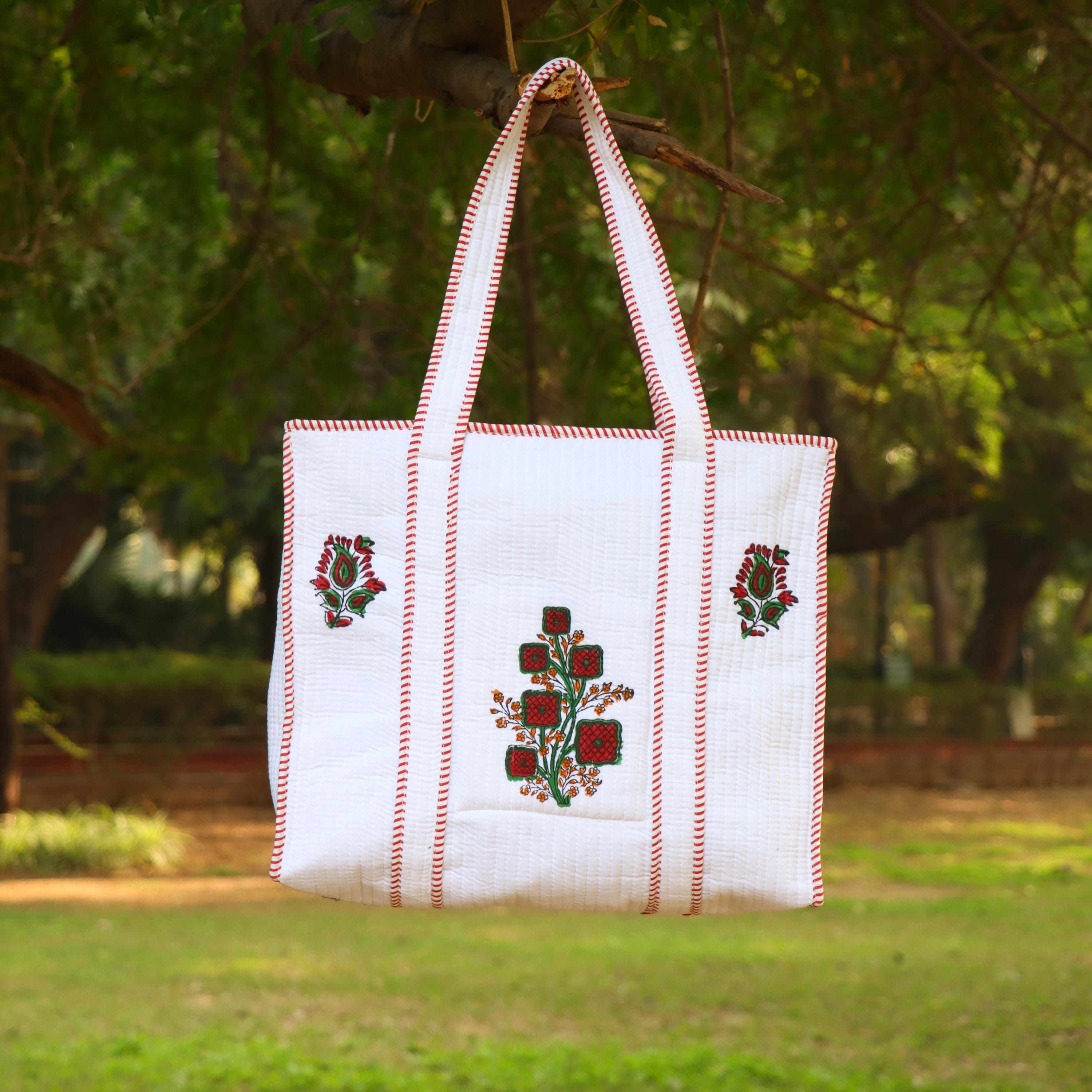 Handmade Quilted Tote Bag with Floral Embroidery, Cotton White Shoulder Bag, Eco Friendly Reusable Bag, Boho Everyday Carry Tote