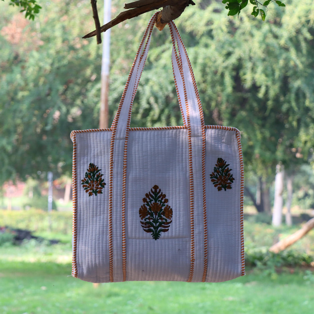 Hand Block Print Cotton Tote Bag, Floral White Shopping Bag, Eco Friendly Reusable Bag, Quilted Indian Tote, Gift for Her, Beach Bag
