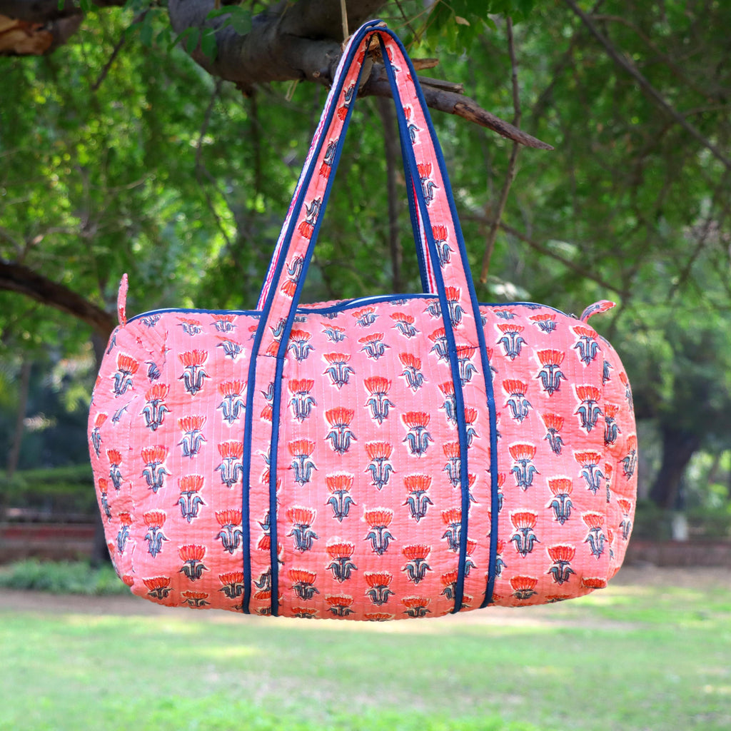 Indian Hand Block Print Handmade Yoga Mat Bag, Multi Color Flower Duffle Bag, Pink Flower Yoga Mat Holder Flower Print Gym Bag Overnight Bag