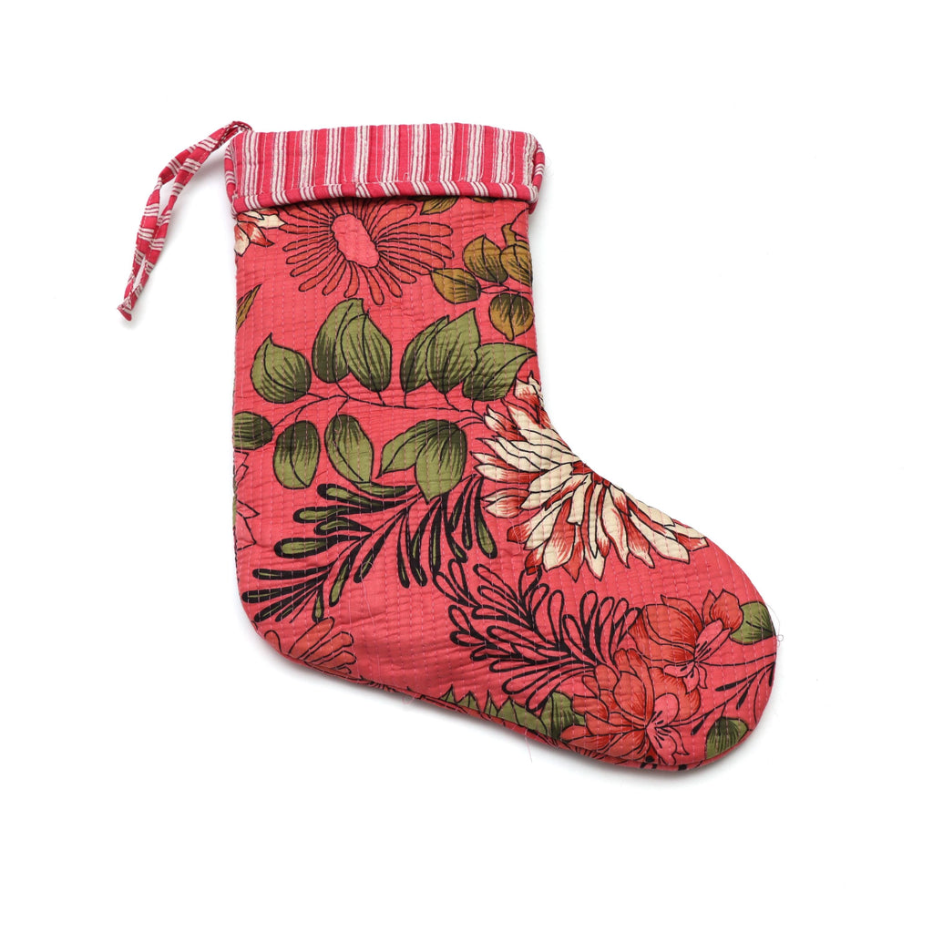 Handmade Quilted Christmas Stocking, Floral Cotton Kantha Stocking, Reversible Holiday Stocking, Rustic Boho Xmas Decor, Gift Stocking