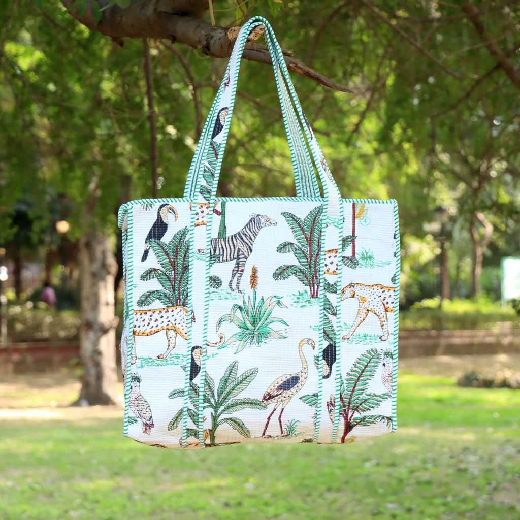 White Jungle Safari Print Bags, Handmade Quilted Tote Bag, Cotton Quilted Tote Bag, Indian Bags Shopping Bags, Beach Bag, Shoulder Bags Gift