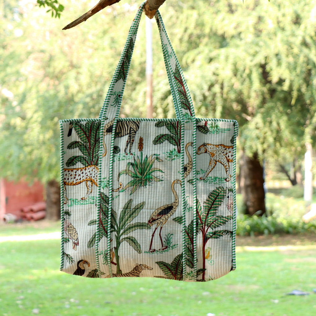 White Jungle Safari Print Bags, Handmade Quilted Tote Bag, Cotton Quilted Tote Bag, Indian Bags Shopping Bags, Beach Bag, Shoulder Bags Gift