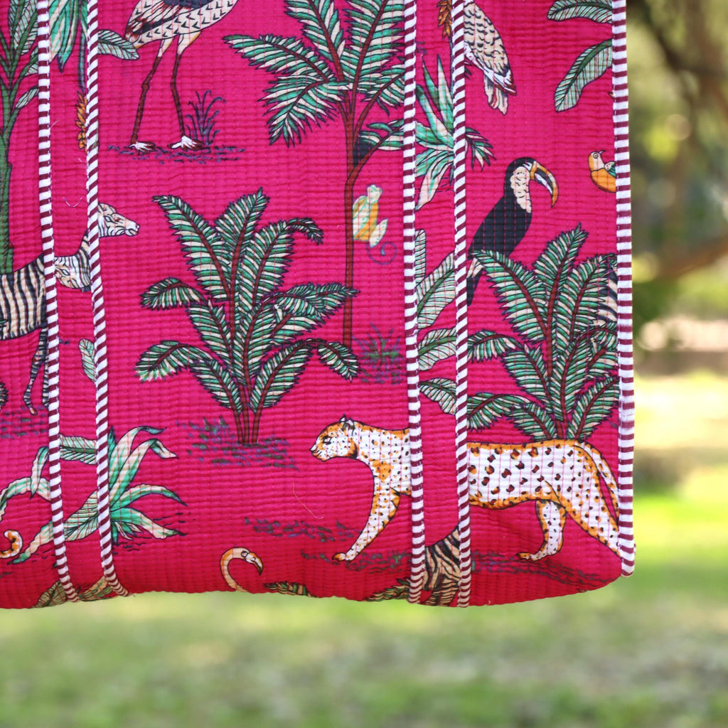 Pink Jungle Safari Print Bags, Handmade Quilted Tote Bag, Cotton Quilted Tote Bag, Indian Bags Shopping Bags, Beach Bag, Shoulder Bags Gift