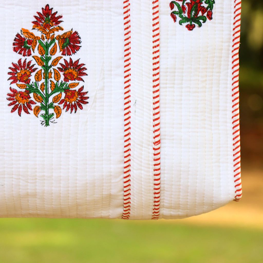 White Floral Cotton Tote Bag, Handmade Quilted Shoulder Bag, Block Print Tote Bag, Eco Friendly Reusable Shopping Bag, Everyday Gift for Her