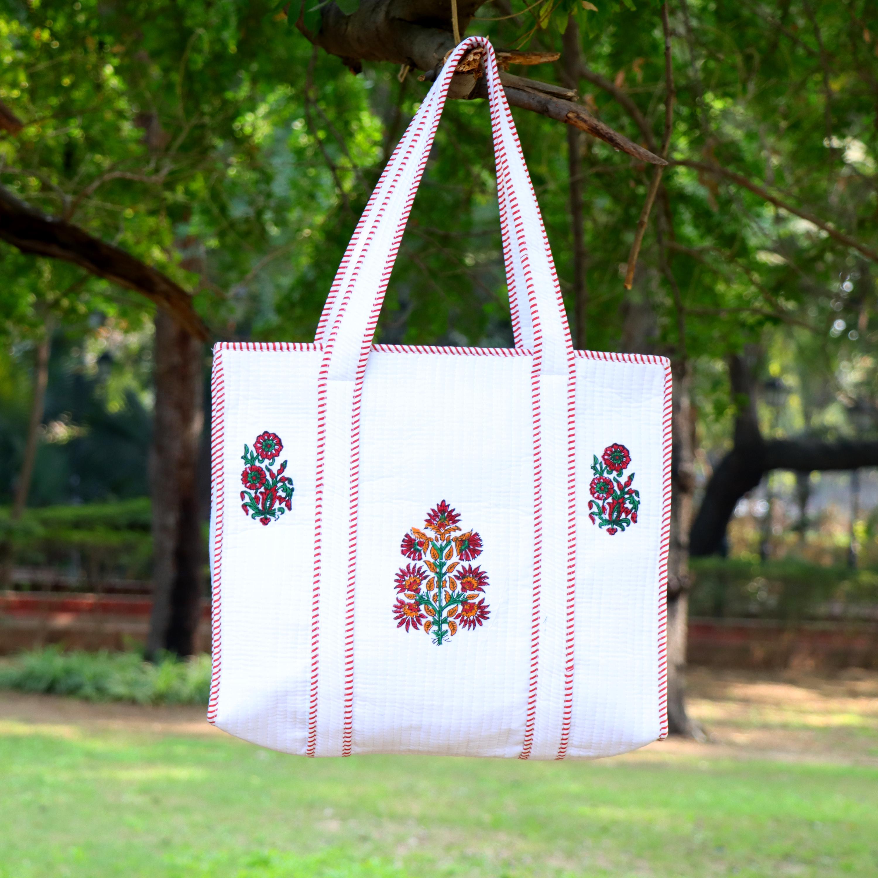 White Floral Cotton Tote Bag, Handmade Quilted Shoulder Bag, Block Print Tote Bag, Eco Friendly Reusable Shopping Bag, Everyday Gift for Her