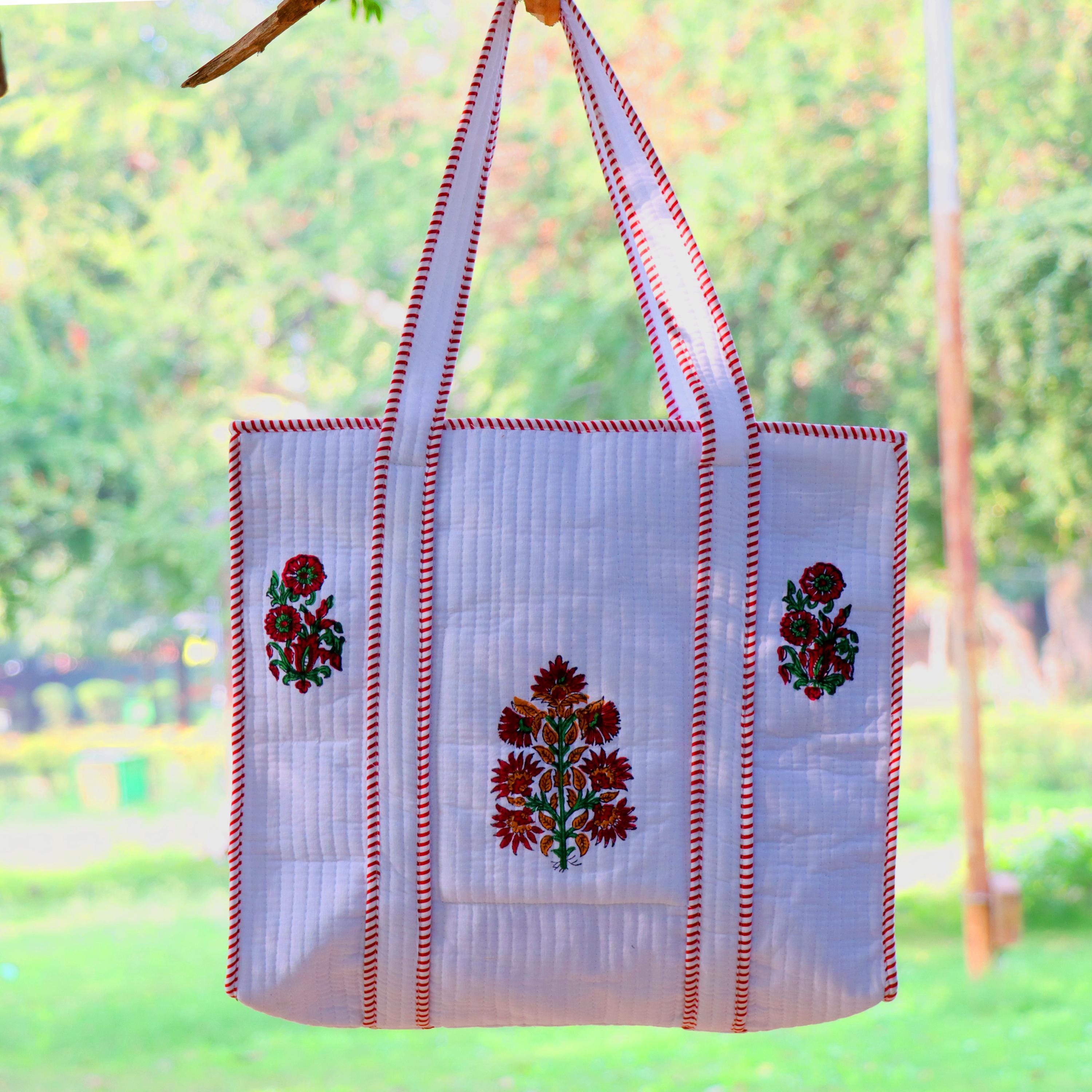 White Floral Cotton Tote Bag, Handmade Quilted Shoulder Bag, Block Print Tote Bag, Eco Friendly Reusable Shopping Bag, Everyday Gift for Her